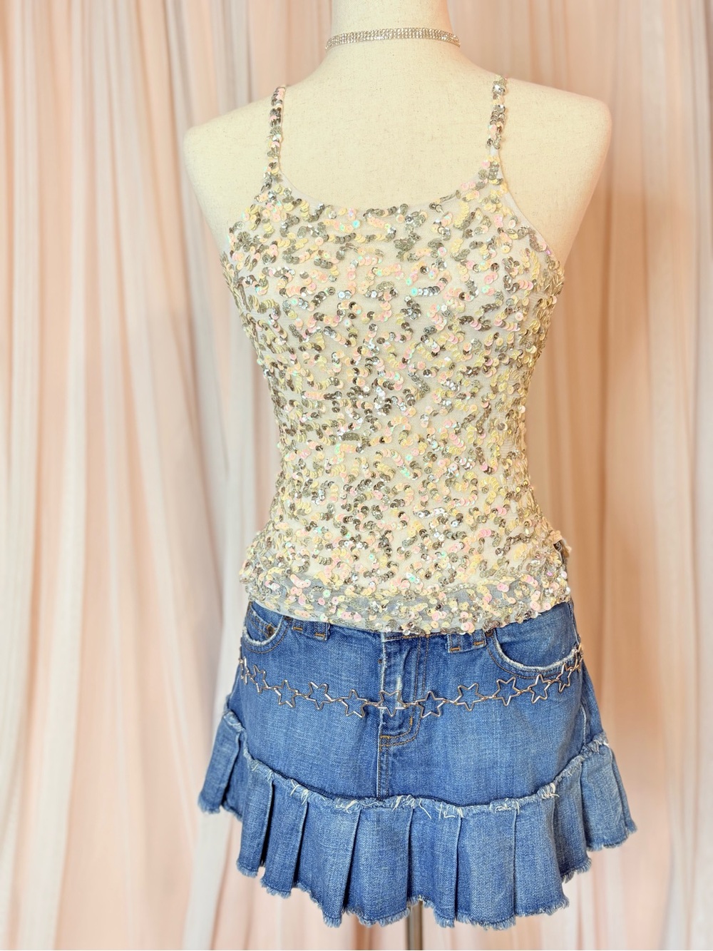 Dead stock Y2K NWT cream iridescent sequin mesh fairy cami.